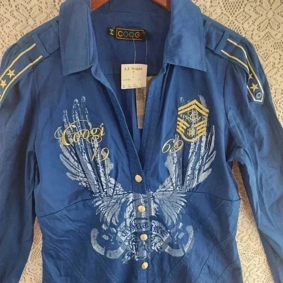 COPY - NWT Coogi Blue Embroidered Long sleeve Button Up Military Shirt Youths XL - Picture 2 of 13